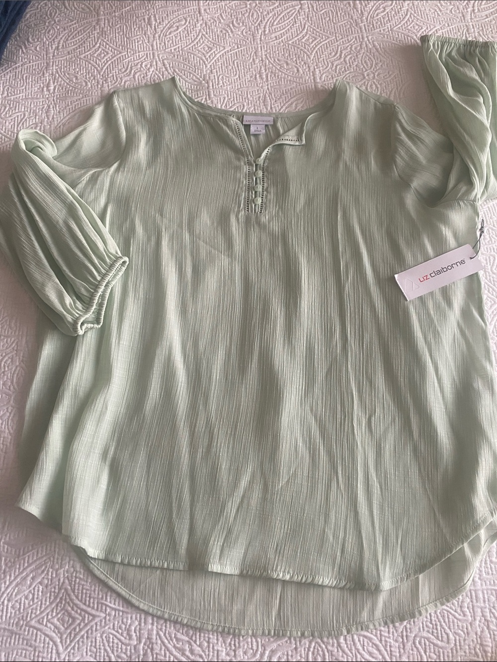 Liz Claiborne Sea Foam Green Sheer Button Front Peasant-Style Blouse Sz Large - Picture 8 of 12